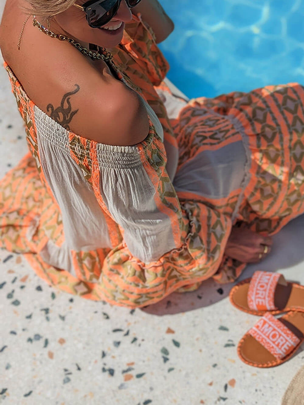 Mini dress with an ethnic pattern, linen blend fabric, off-the-shoulder and loose fit