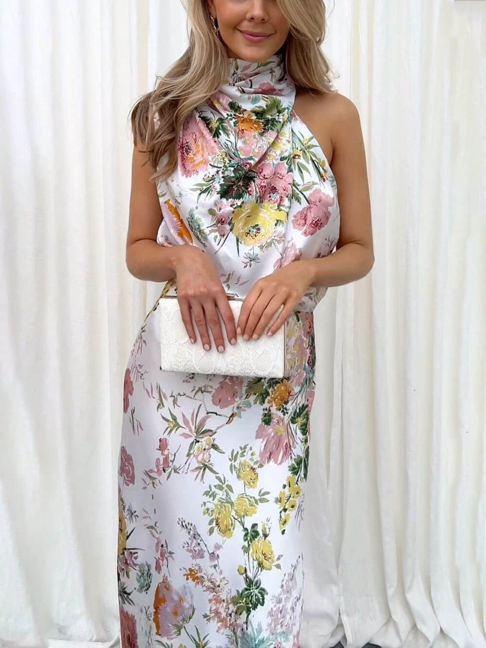 Maxi dress with halterneck, floral pattern, and elasticated waist
