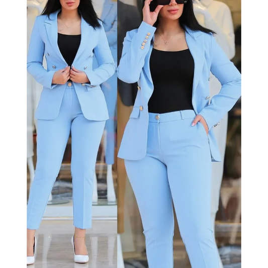 WW | Doppelknopf Blazer & Hosen Satz Mit Taschen Für Frauen