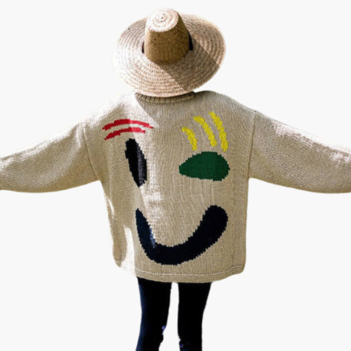 WW | Artist-style knitted sweater - Cozy casual jumper with abstract face pattern