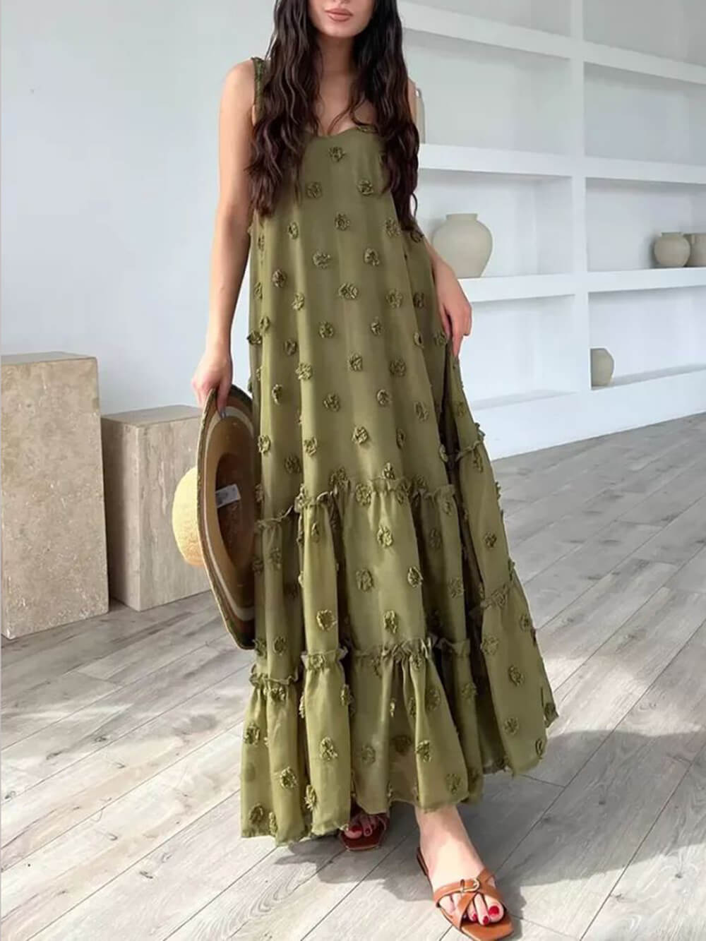 Blumendekor hübsches A-Linien, gestuftes, lockeres Maxikleid