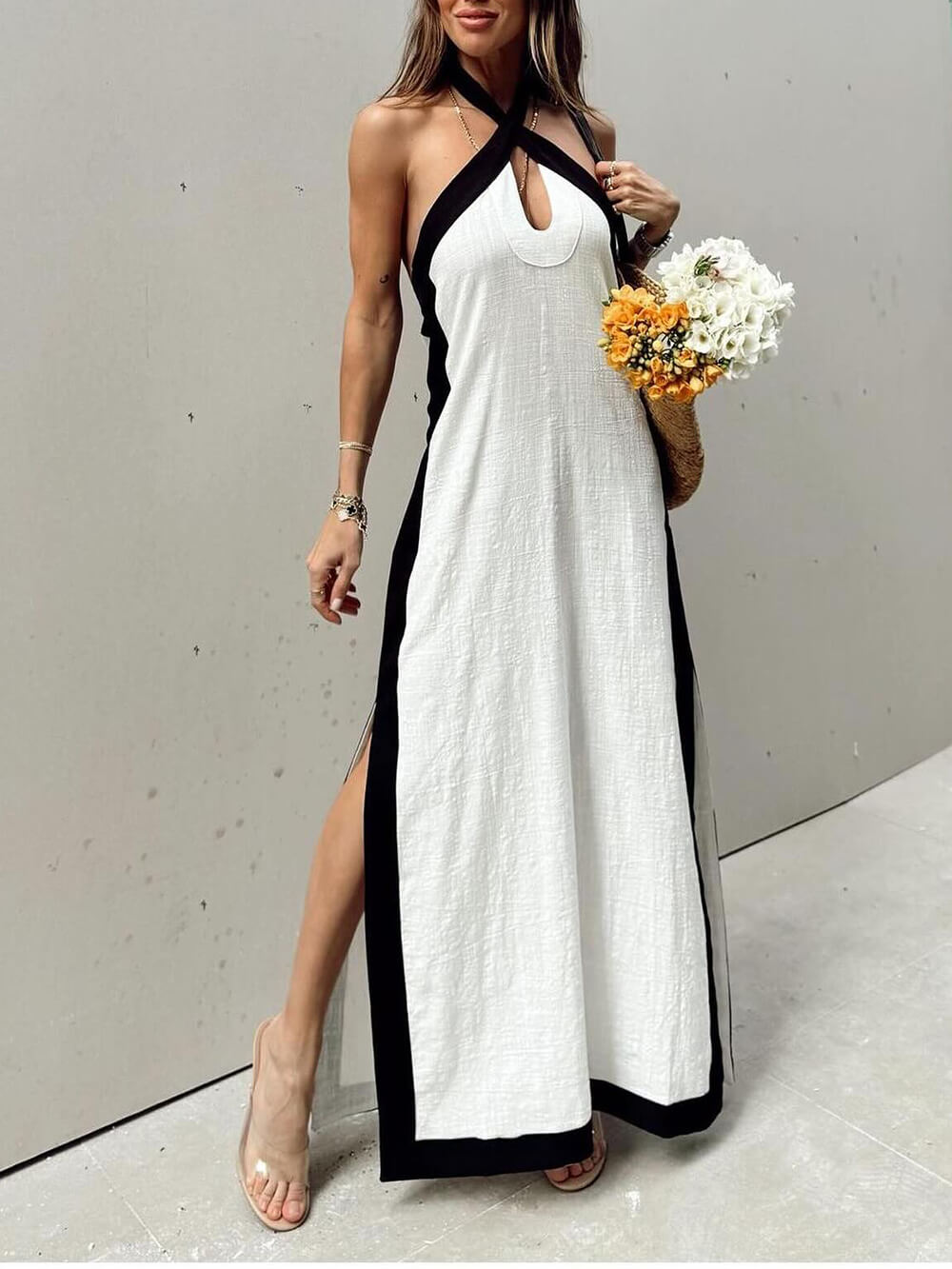 Halterneck maxi dress with slit and color block design
