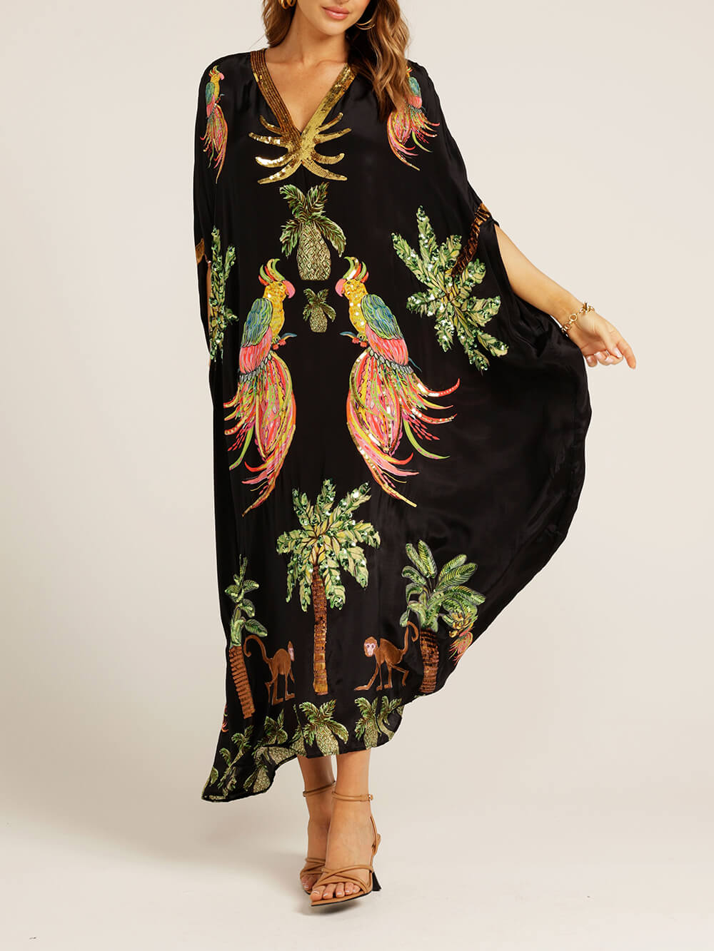 Unique Dress with Overlapping Sleeves and Coconut Palm Print