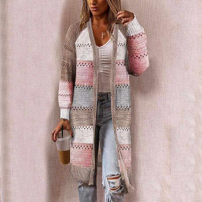 WW | Strickjacke Langer Offener Front Strukturiertes Muster Gerippte Bündchen