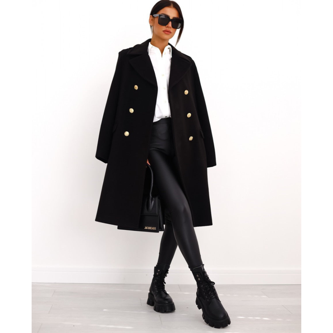 WW | Breasted Long Wool Coat - Tailored Fit with Golden Button Details - Elegant Winter Outerwear