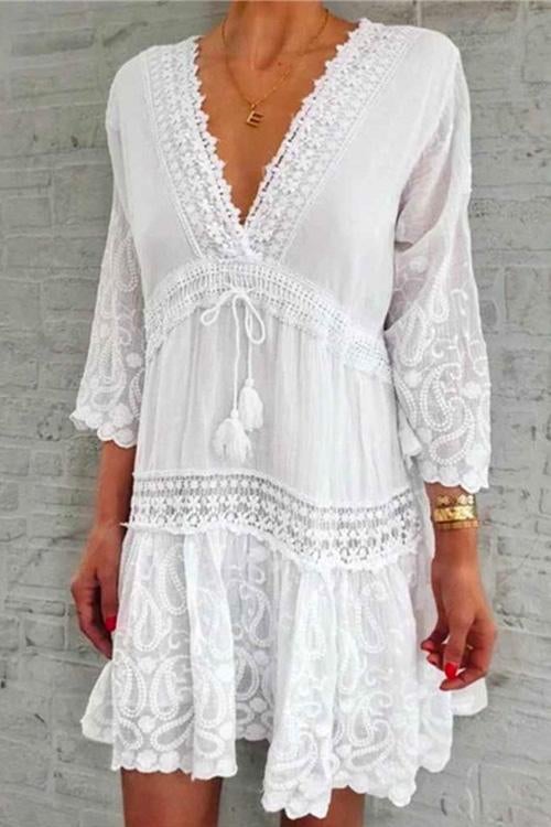 WW | Rosiedress V-Neck Lace Trim Tassel Swing Dress