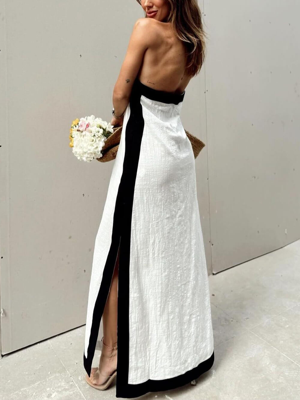 Halterneck maxi dress with slit and color block design