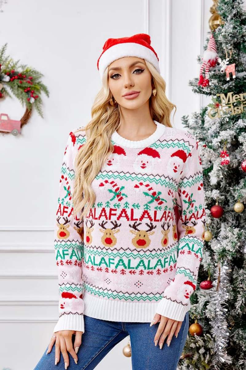 WW | Locker Sitzende Rundhals Weihnachts Cartoon Strickpullover - Pink