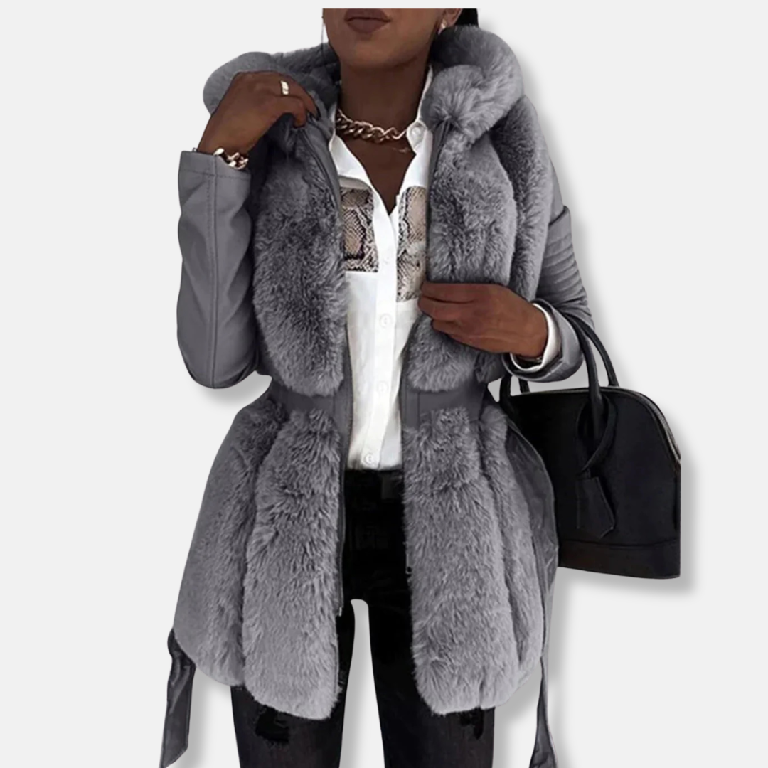 WW | Women's Mid-Length Coat – Faux Fur Front – Tailored Fit – Waist Belt Loop – Long Sleeves