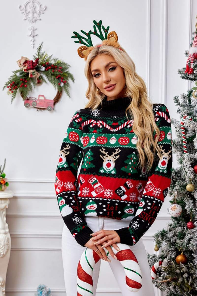 WW | Hoher Hals Weihnachten Schneemann Stickerei Pullover