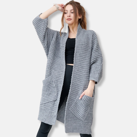 WW | Mantel aus Strick - Oversized Fit - Offene Front - Patten Taschen - Gerippte Kanten