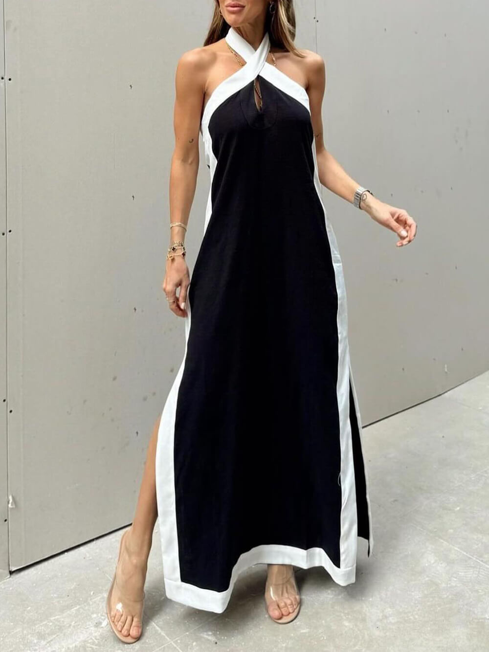 Halterneck maxi dress with slit and color block design