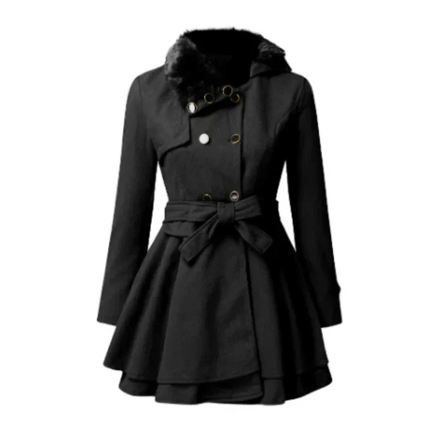 WW | Wool blend Flared cut Double-breasted Faux fur collar Belt