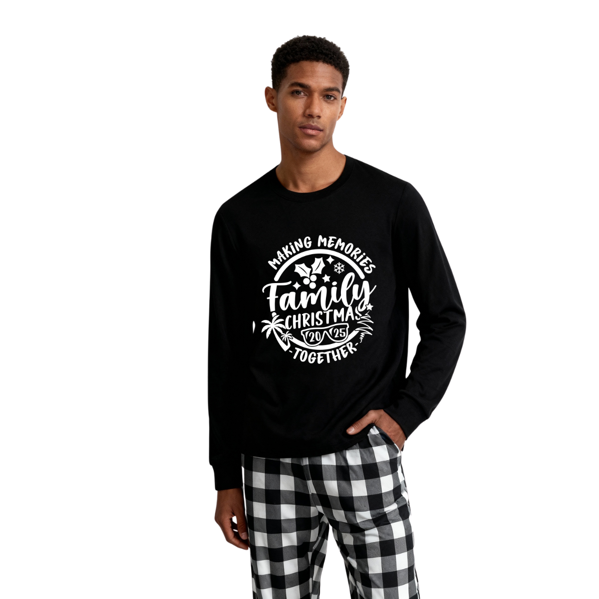 WW | Christmas Memories Together 2025 Print Black Long-Sleeve Top with Black and White Plaid Pants Family Matching Pajamas