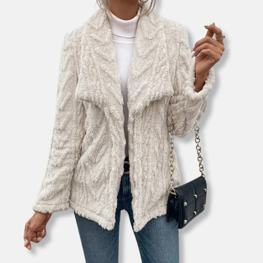 WW | Women's Fleece Jacket – Relaxed Fit – Shawl Collar – Open Front – Hip-Length Layer