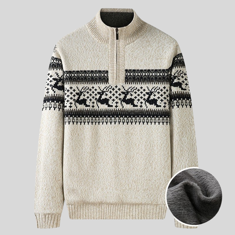 WW | Nordic Knitted Sweater Half-Zip with High Collar Warm Plush Lining