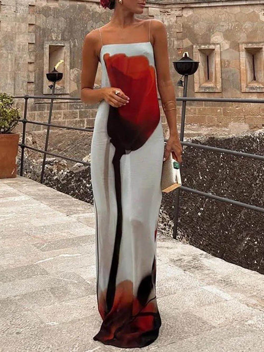 H-line maxi dress with abstract tulip print for vacation