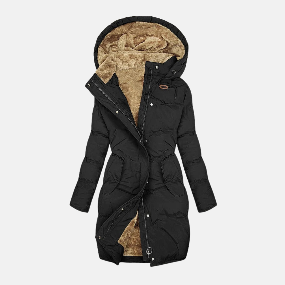 WW | Long Padded Coat Tailored Fit Plush Hood Adjustable Waist