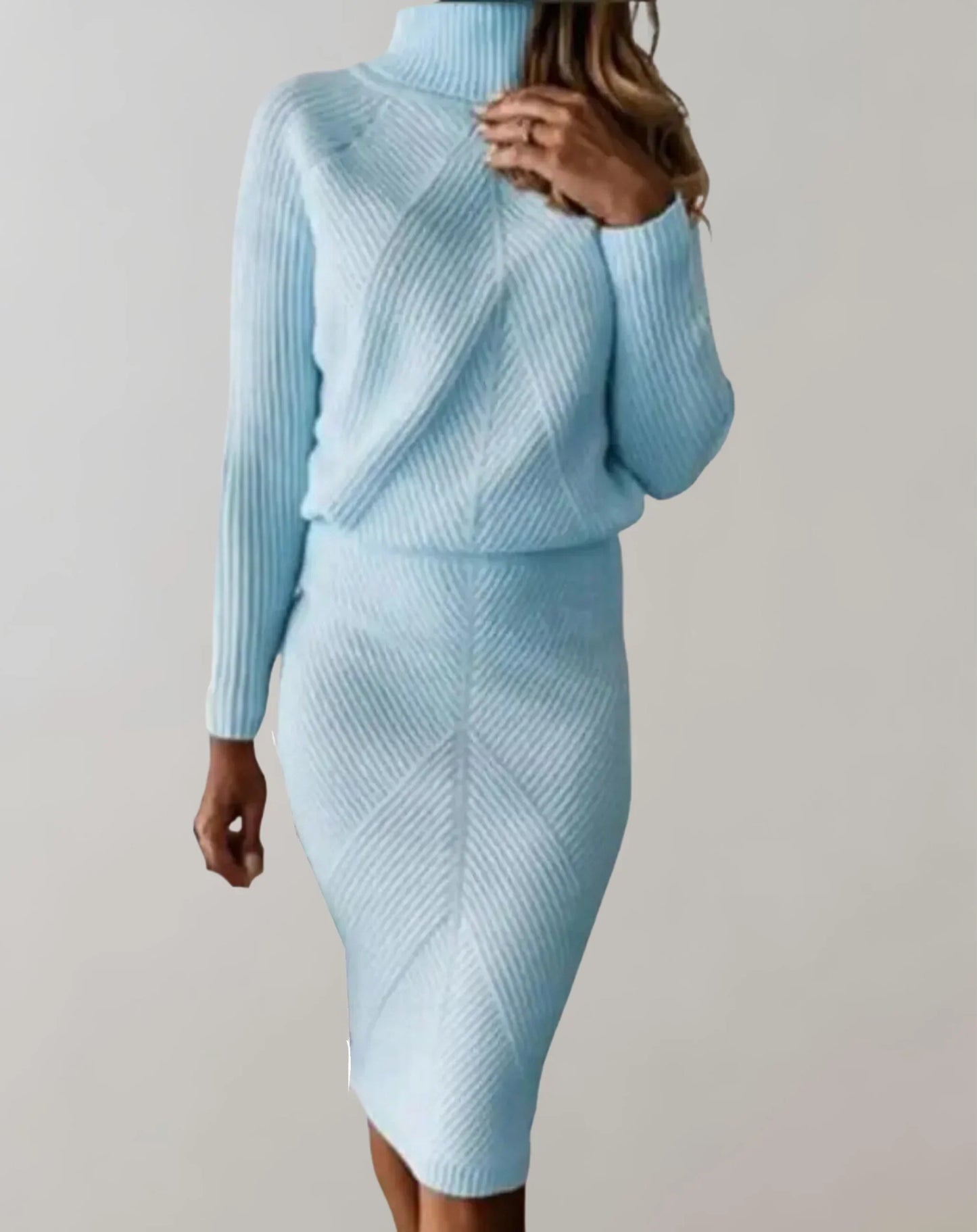 WW | Ribbed Two-Piece Set Slim Fit Turtleneck Sweater and Midi Skirt