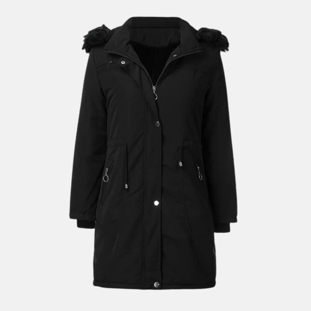 WW | Long Padded Jacket Straight Cut Hood with Faux Fur Water-Repellent Adjustable Waist Zip Fastening with Press Studs Mid-length