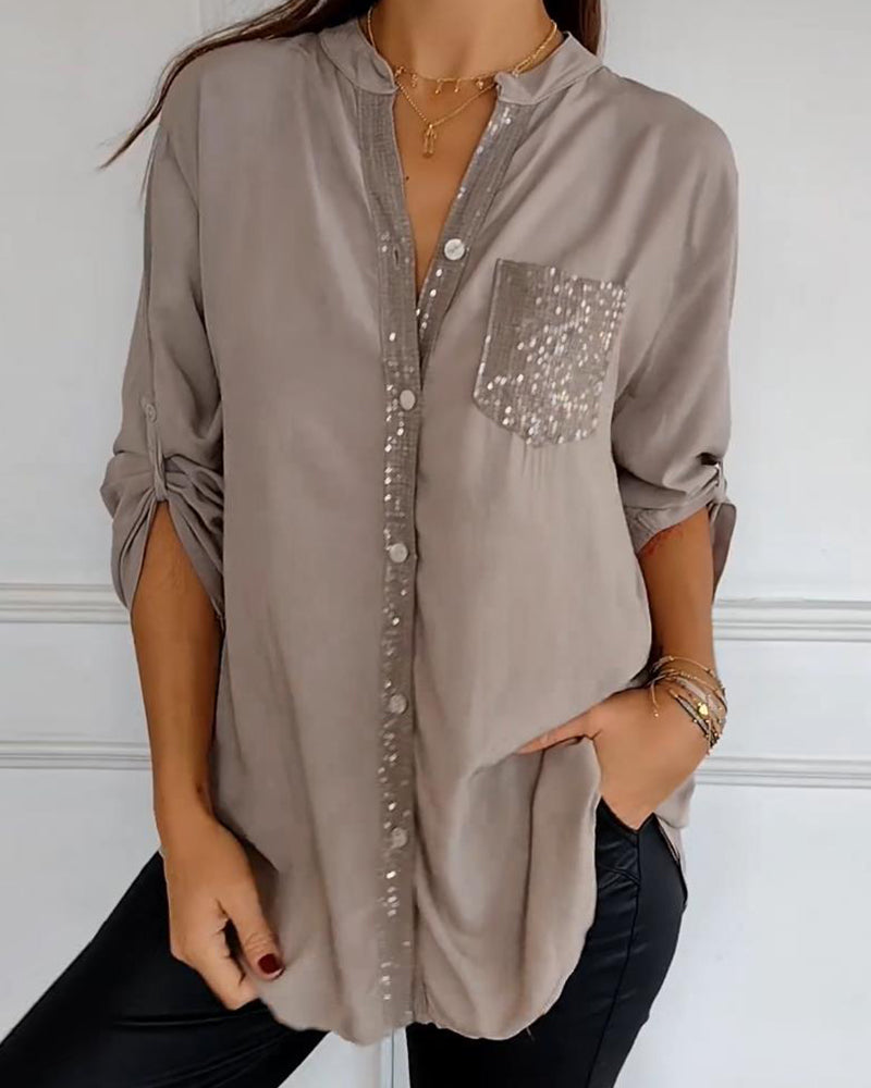 WW - Chic Blouse with Button Placket and Sequin Trim for Women | Elegant Long-Sleeved Blouse with Sequin Pocket