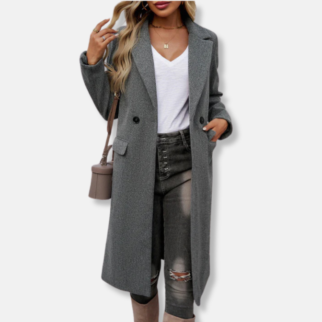 WW | Women's Long Coat – Wool Blend – Relaxed Fit – Double-Breasted – Lapel Collar