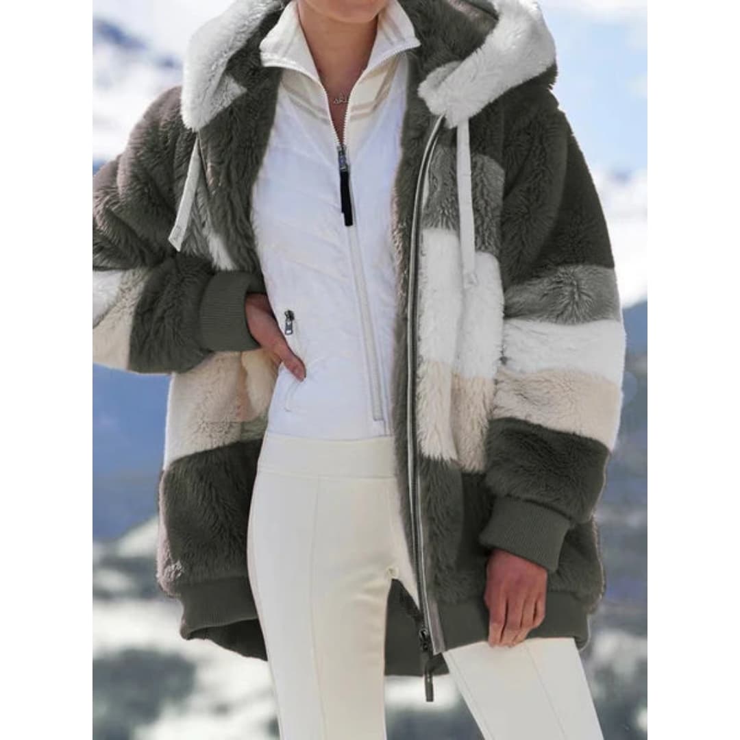 WW | Damen Casual Faux Fur Jacke mit Reißverschlusstaschen Kapuze Herbst Winter