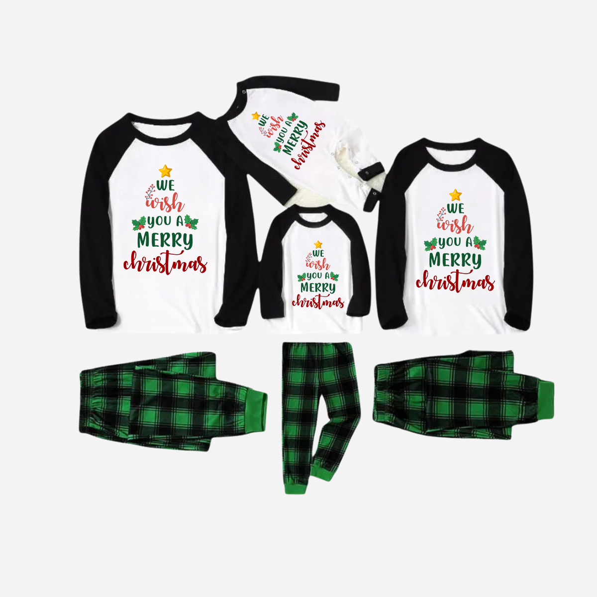 WW | Black Raglan Top Green Plaid "We Wish You a Merry Christmas" Text Print Christmas Pajama Set