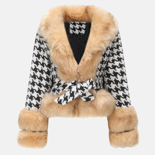 WW | Short Coat Houndstooth Plush Fur Collar Fitted with Belt