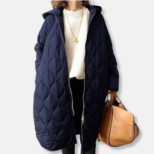 WW | Damen Steppjacke – Oversized Fit – Lange Länge – Mit Kapuze und Reißverschluss vorne