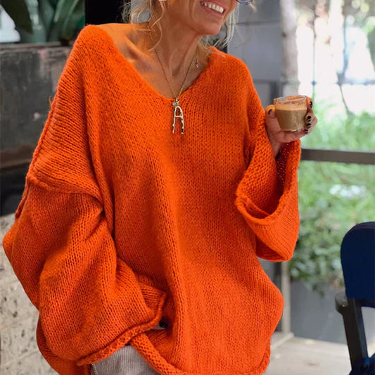 Women's V-Neck Sweater with Loose Knit Details