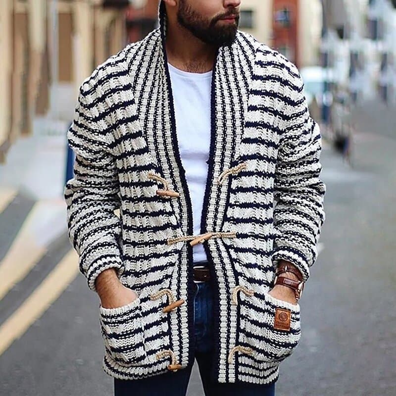 WW | Strickjacke Streifenmuster Schalkragen Knöpfe Bequeme Passform