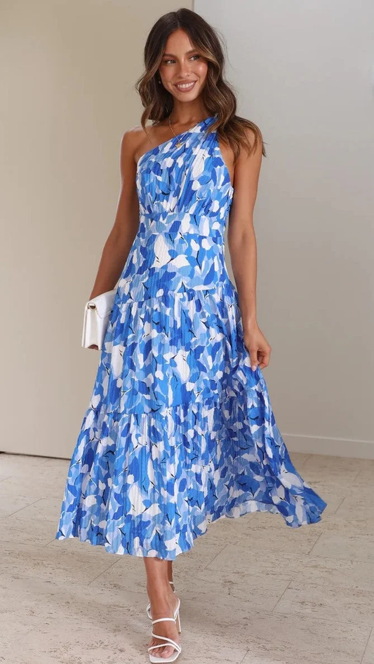 Vanessa - Blue midi floral off-shoulder dress
