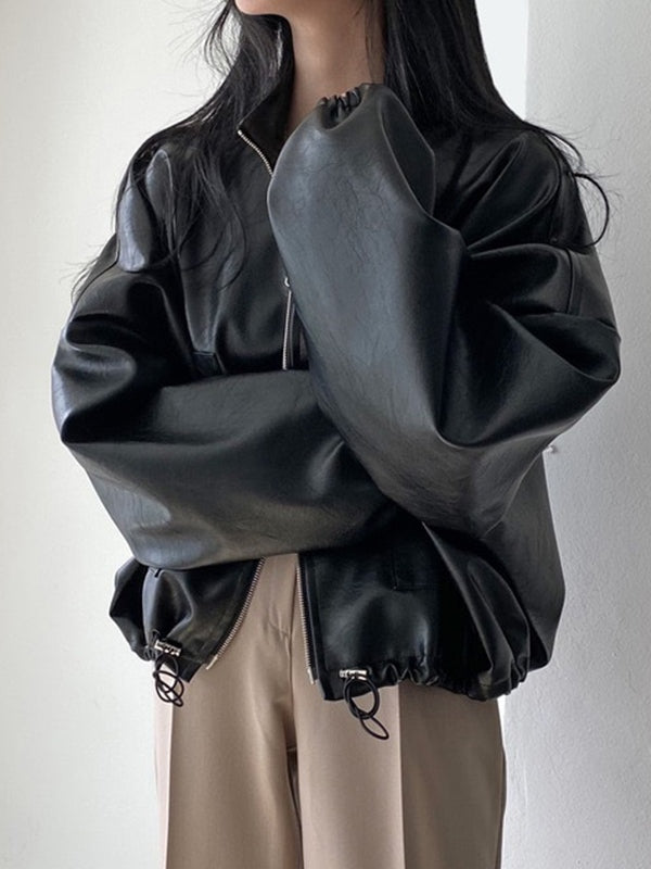 WW | Vintage Kordelzug Veganes Lederjacke mit Kragen
