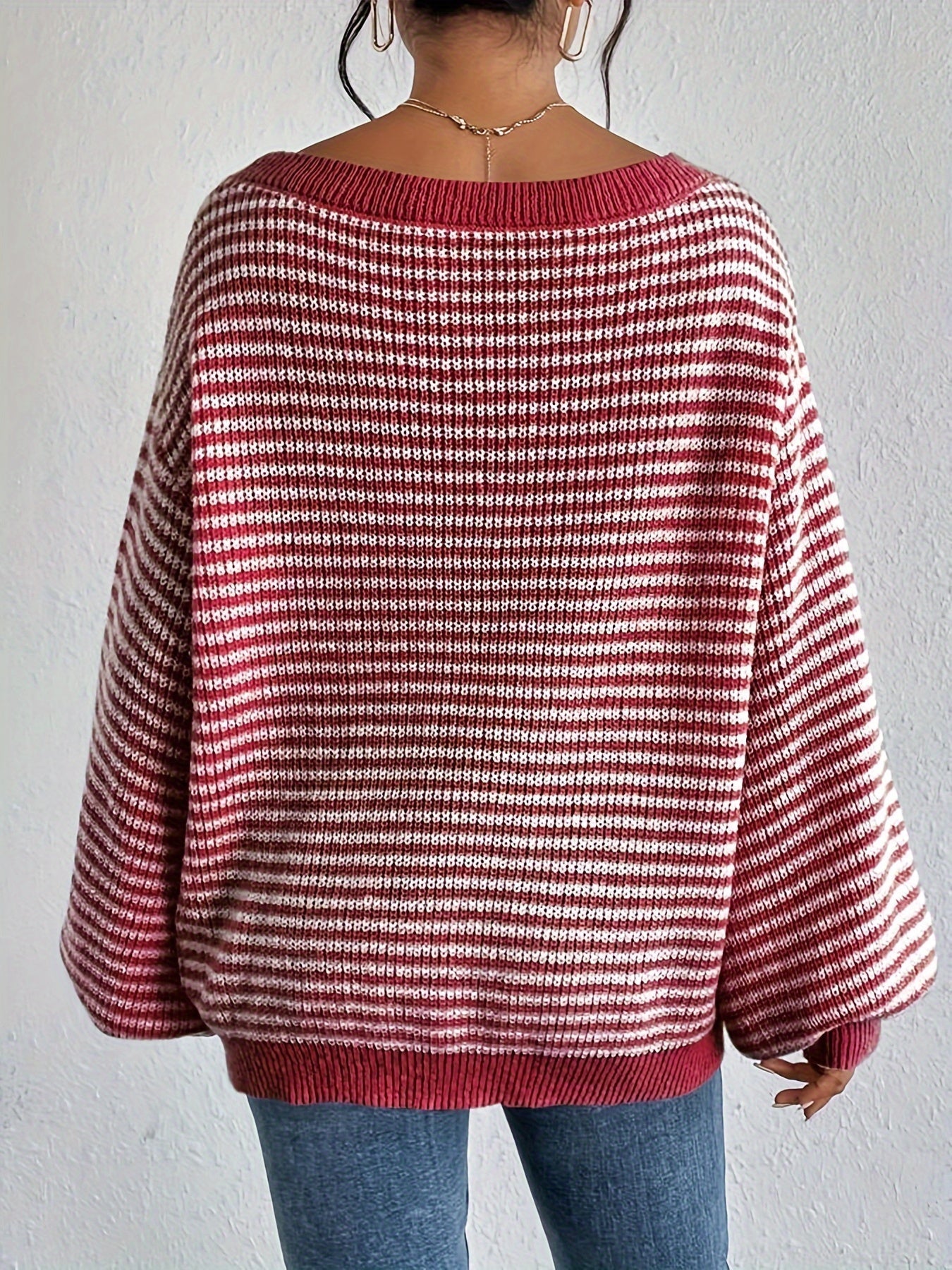 WW |  Schulterfreier Baumwollpullover mit Streifen, elastischem Stoff und Rundhalsausschnitt Pullover Damen - Ideal für Frühling