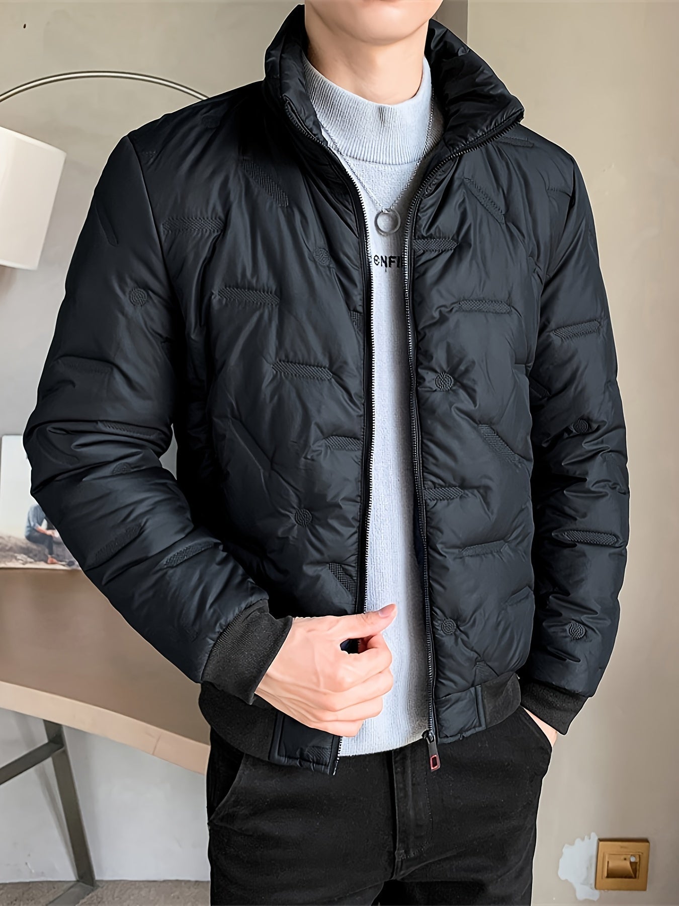 WW |  Schwarze Baumwoll Winddichte Und Warme Langärmelige Winterjacke Für Herren - Perfekt für kalte Tage