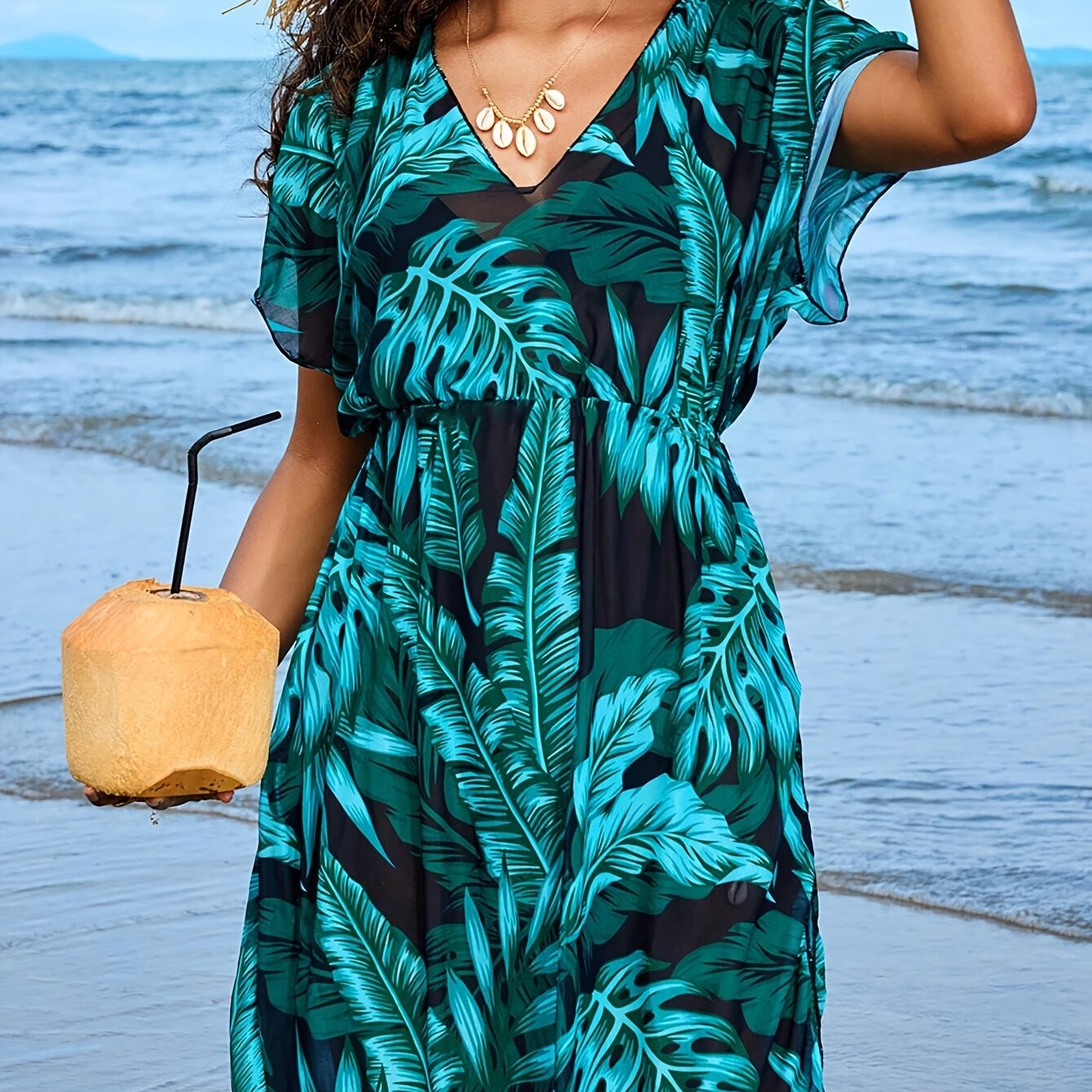 WW | Bohemian Strandkleid mit Porzellan Mini Druck und V-Ausschnitt