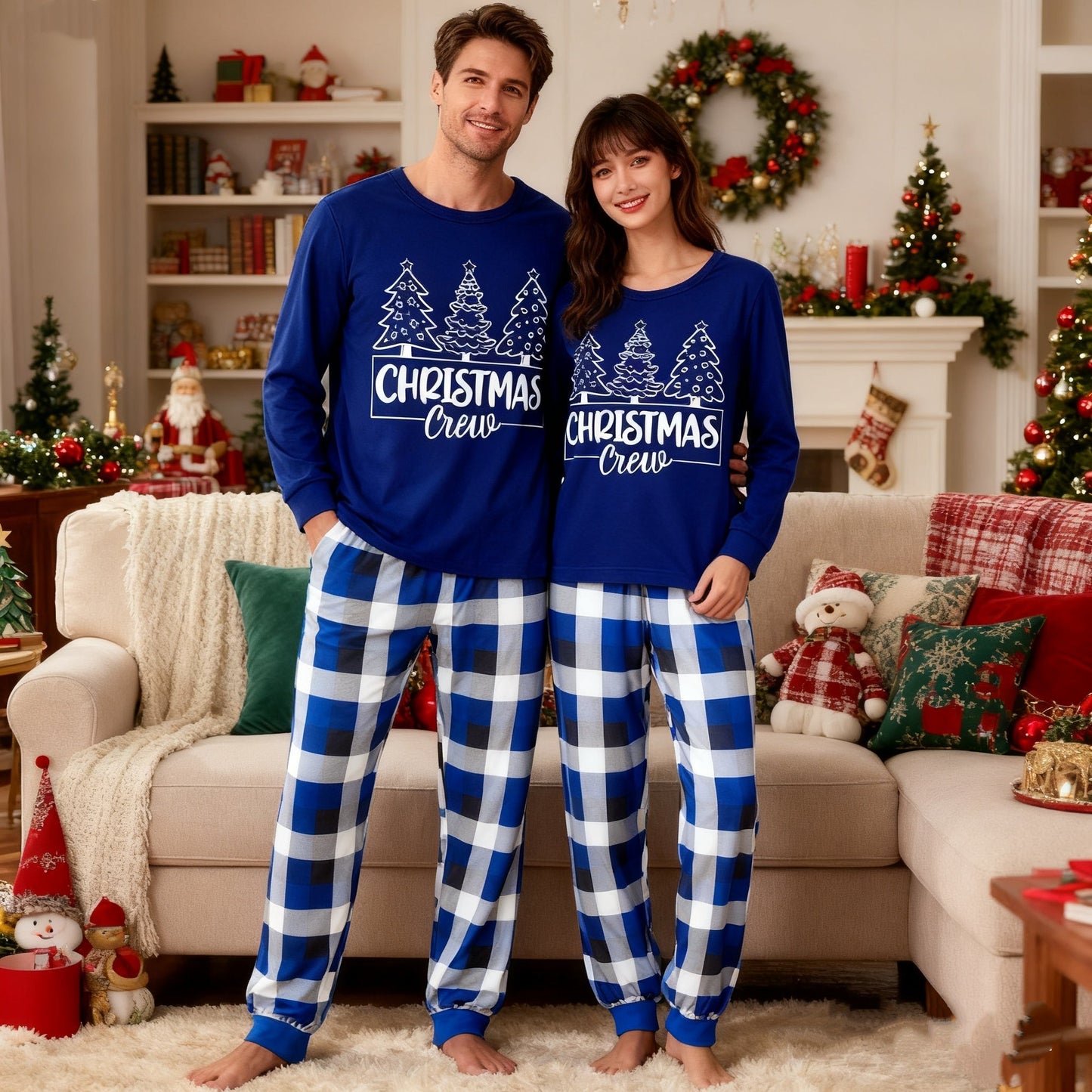 WW | "Christmas Crew" und Bäume Blau Lange Ärmel mit Blau Karierte Paar passende Pyjamas