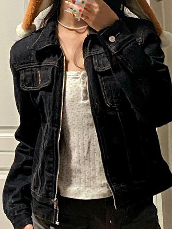 WW | Schwarze Denim Reverskragen Zip-Up Kurze Jacke