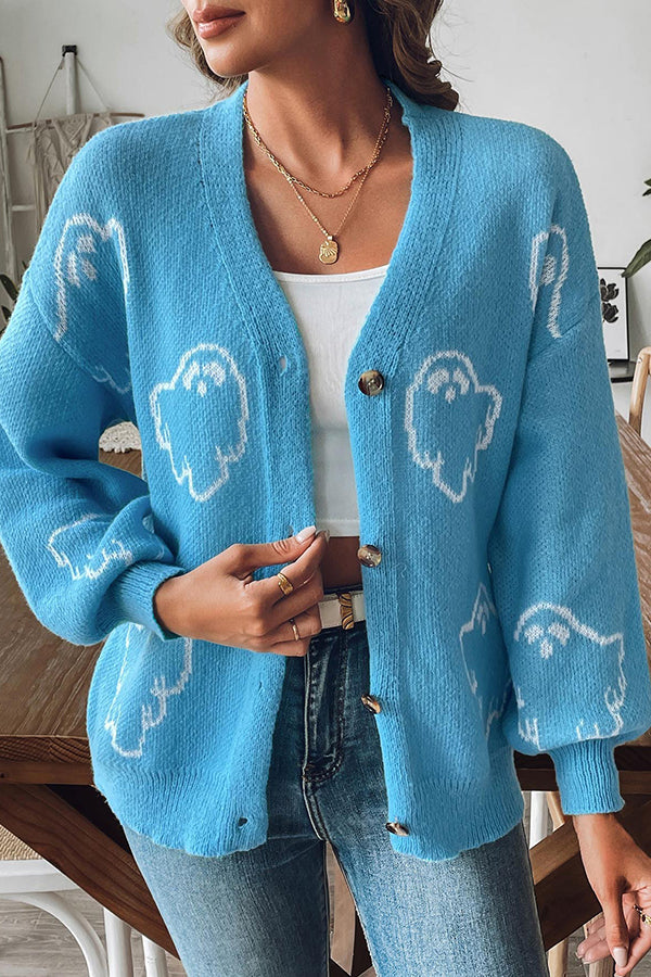 WW | Cozy Halloween ghost knit sweater with button placket