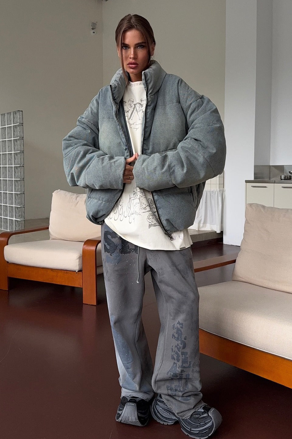 WW | Denim Stehkragen Pufferjacke