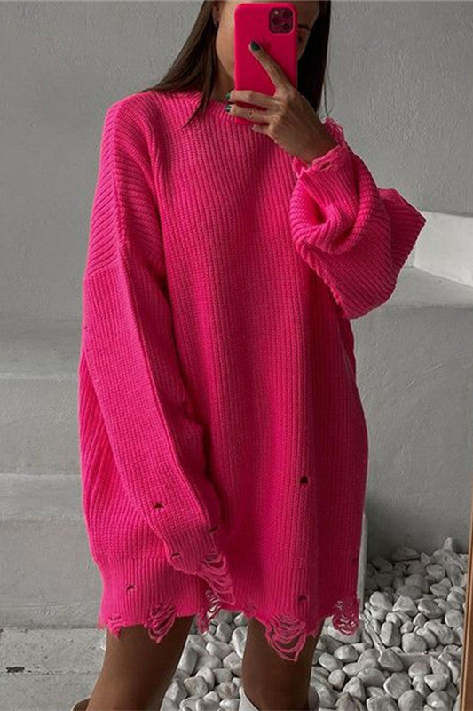 WW Ripped O-Neck Oversized Sweater Dress