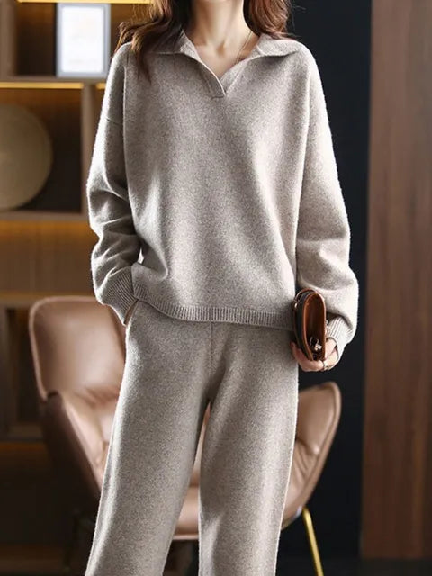 WW | Tracksuit Soft Knit Oversized Fit Polo Shirt Sweater And Trousers