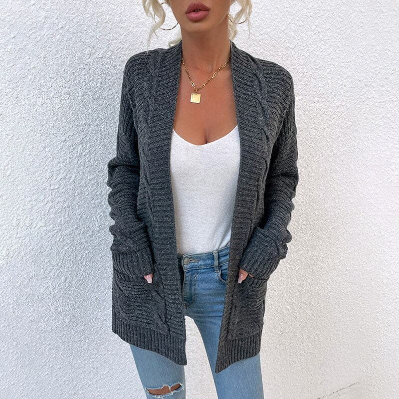 WW | Strickjacke Gestrickte Kabelmuster Offene Vorderseite Langärmlig Mit Taschen