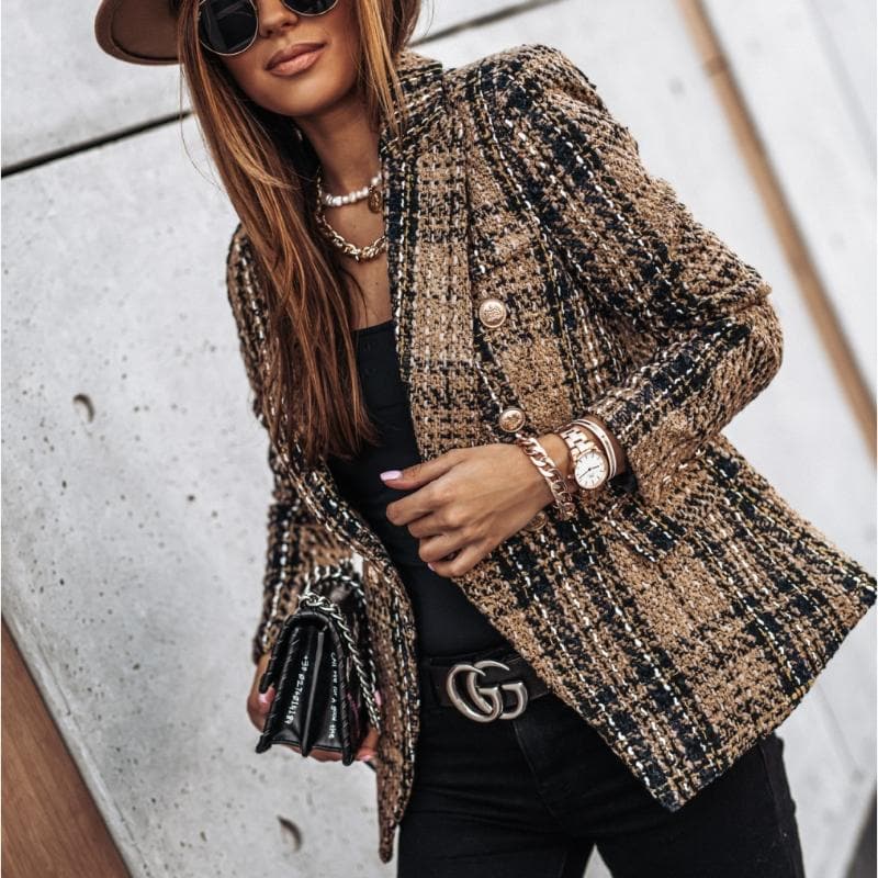 WW | Blazer Tweed Stoff Karomuster Taillierte Passform Goldene Knöpfe