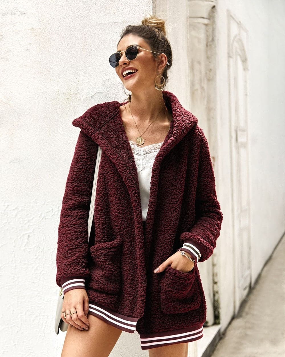 WW | Fleecejacke Übergroß Sherpa Kapuze Und Große Taschen Weich Und Warm