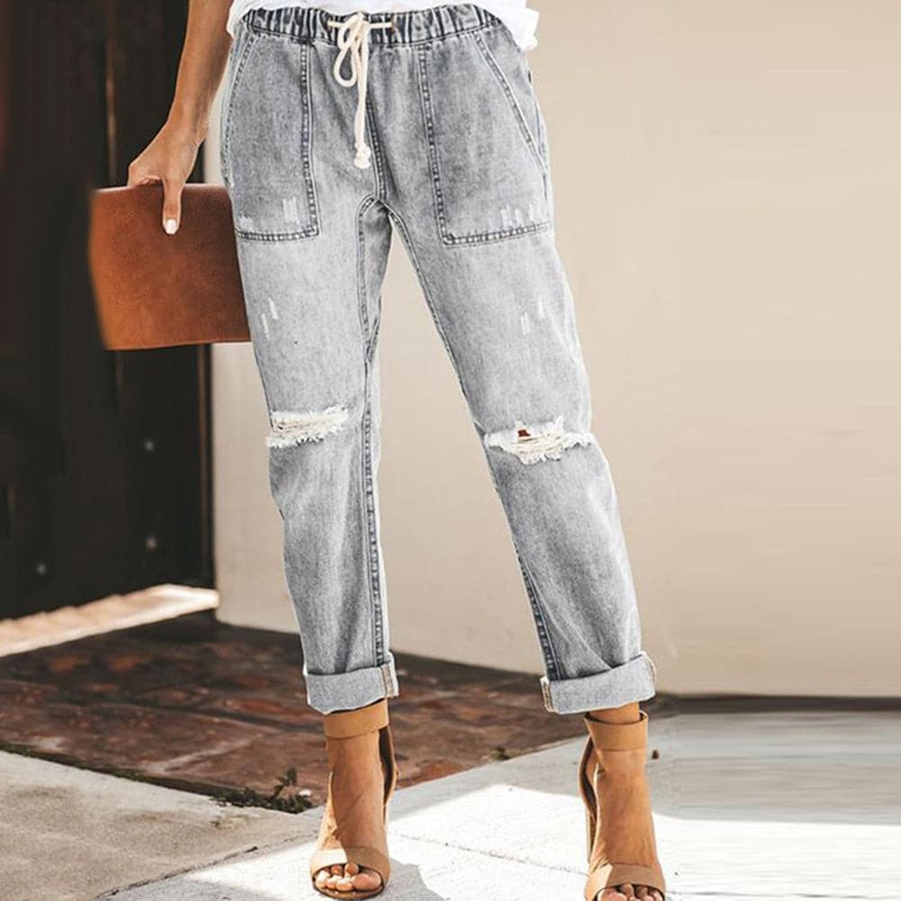 WW | Relaxed Fit Zerrissene Denim Elastischer Bund Mit Kordelzug