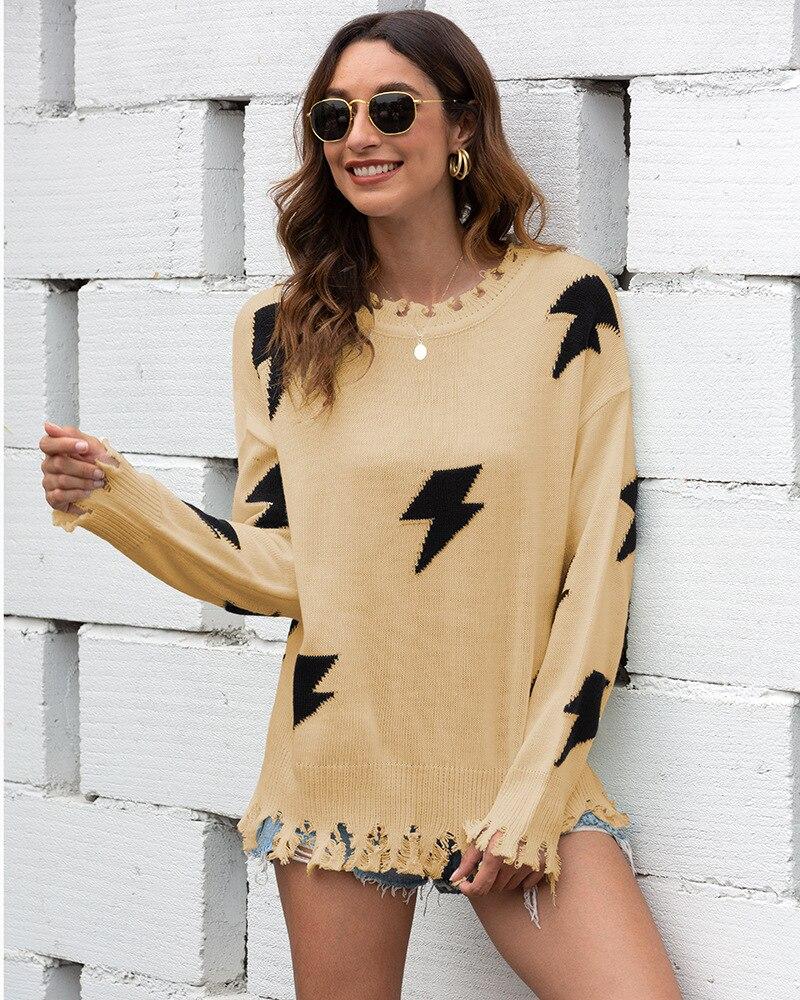 WW | Strickpullover - Lockere Passform - Blitzmuster & Fransen Saum