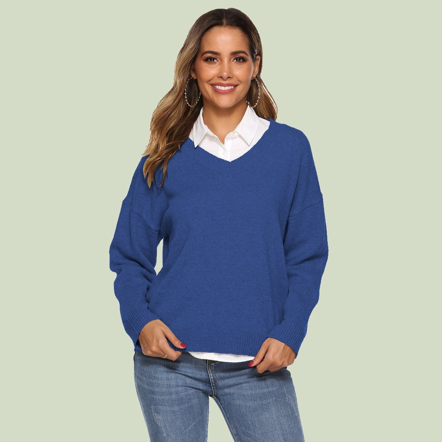 WW | Strickpullover V-Ausschnitt Relaxed Fit Lange Ärmel Weich Und Bequem