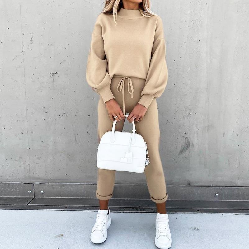 WW | Gemütlicher Anzug Lässiger Pullover Mit Ballonärmeln Hochtaillierte Jogginghosen Mit Kordelzug